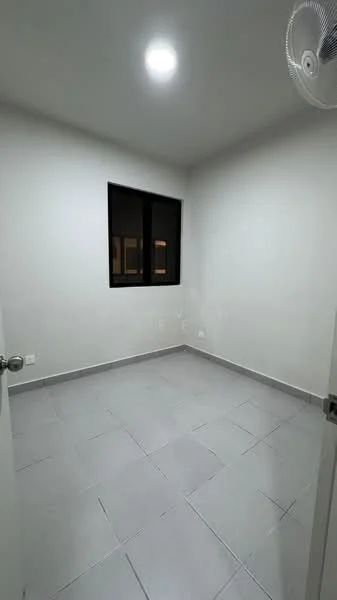 Room features: white painted walls, grey tiled flooring, single window, ceiling light, wall-mounted ceiling fan.
