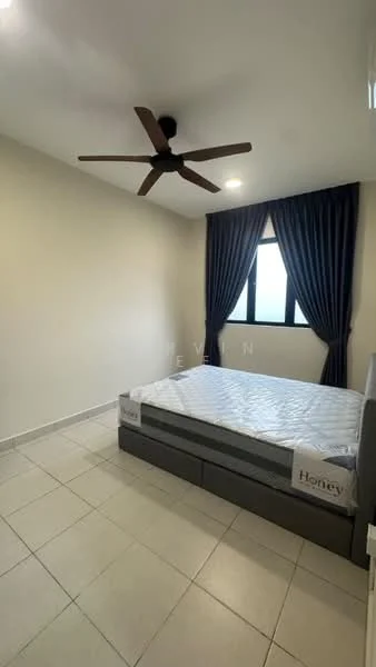 Bedroom features: queen-size bed, 5-blade ceiling fan, floor-to-ceiling window, dark blue curtains, light beige painted walls, tile flooring, built-in wardrobe, decorative wall, neutral color scheme; style: modern.