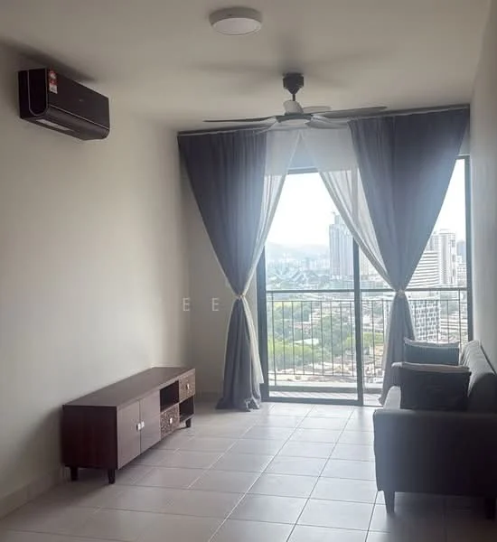 Living features: floor-to-ceiling windows, grey curtains, white painted walls, ceiling fan, wall-mounted split AC, light-colored tile flooring, wooden TV console, sofa in grey fabric, city view; style: modern; view: city.