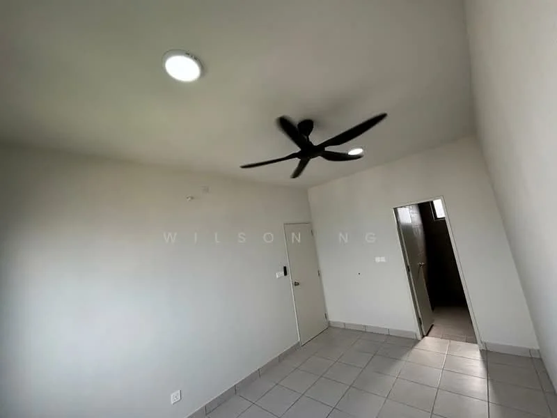 Room features: white painted walls, tile flooring, 5-blade ceiling fan, door leading to another room, light fixtures, window, corner of room visible.