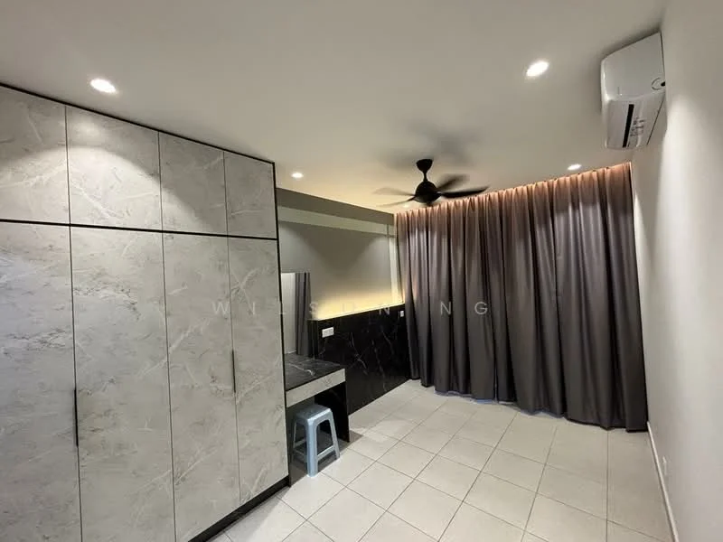 Room features: light grey cabinetry with marble finish, black countertop, stainless-steel sink, chrome faucet, grey floor tiles, recessed ceiling lights, 5-blade ceiling fan, black curtain, wall-mounted air conditioning unit; style: modern.