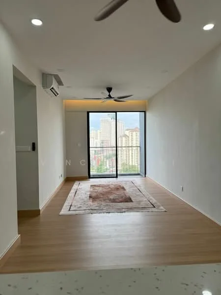 Living features: light wood flooring, white painted walls, recessed downlights, 5-blade ceiling fan, floor-to-ceiling windows, sliding glass door, area rug with geometric pattern, city view; style: modern; view: city.