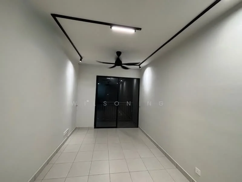 Room features: white painted walls, tile flooring, 5-blade ceiling fan, recessed LED downlights, sliding glass door, blackout curtains, neutral color scheme; style: modern.