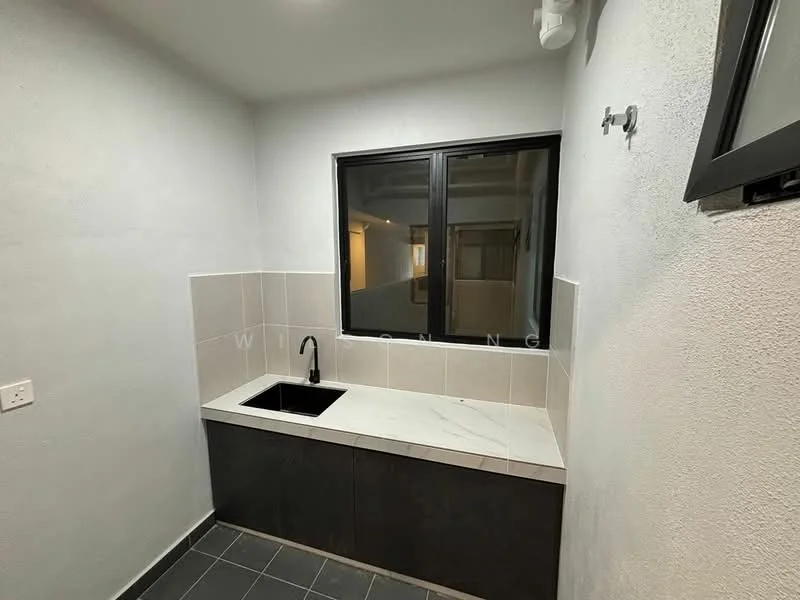 Laundry features: black cabinetry, white marble countertop, single-bowl stainless-steel sink, black gooseneck faucet, grey tiled flooring, white painted walls, large window, dark window frame; style: modern.