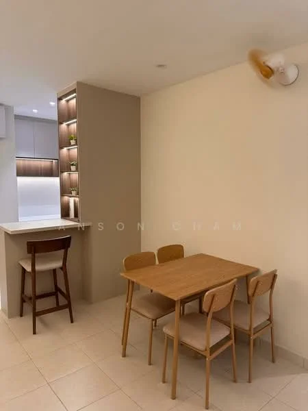 Dining features: wooden dining table, 4 dining chairs, cream painted walls, tile flooring, recessed downlights, wall-mounted sconce light, open kitchen counter, decorative shelving with plants; style: modern.