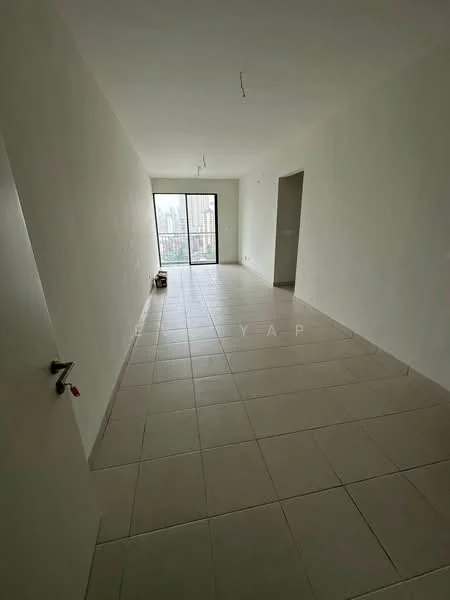 Room features: white painted walls, tile flooring, large window with city view, no visible furniture, neutral color scheme, ceiling lights, open layout, sliding door to balcony; style: modern; view: city.