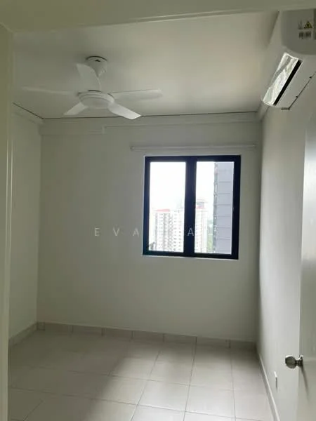 Room features: white painted walls, ceiling fan, 1 wall-mounted split AC, tile flooring, single window, neutral color scheme; style: modern; view: city.