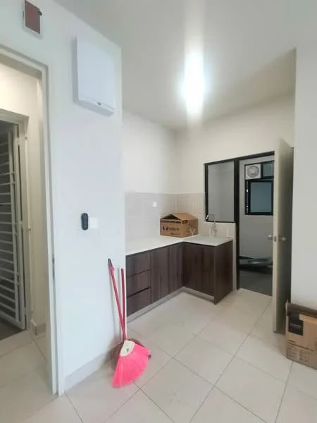 Kitchen features: L-shaped kitchen layout, brown wooden cabinetry, white countertop, single-bowl stainless-steel sink, chrome pull-down faucet, tile backsplash, ceramic tile flooring, recessed ceiling lights; style: modern. Room features: white painted walls, door leading to another room, light switch, floor tiles.