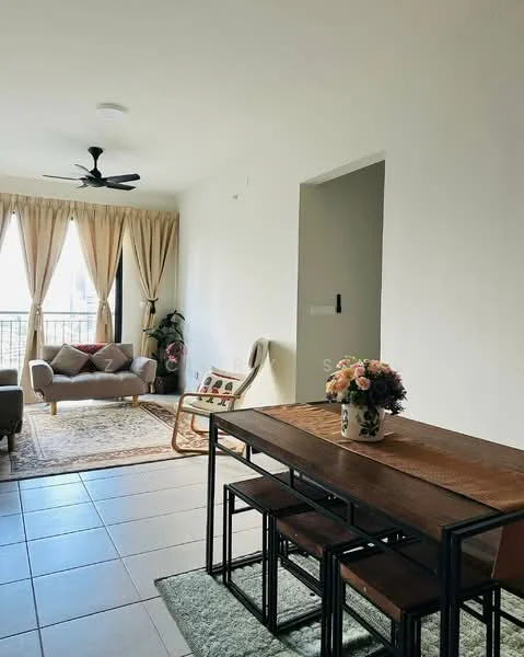Dining features: wood dining table with metal legs, 4 metal dining chairs, area rug with geometric pattern, decorative vase with flowers, light-colored walls, ceiling fan, window with sheer curtains, tile flooring; style: modern; view: city. Living features: 3-seater fabric sofa in light color, accent chair, coffee table, decorative wall art, floor lamp, large window with sheer curtains, light-colored walls, tile flooring; style: modern; view: city.