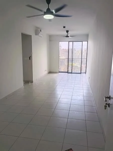 Living features: white painted walls, tile flooring, 2 ceiling fans, floor-to-ceiling windows, sliding glass door, balcony access, air conditioning unit, neutral color scheme; style: modern; view: city.