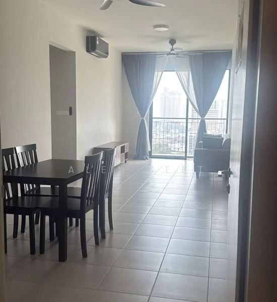 Living features: floor-to-ceiling windows, grey curtains, ceiling fan, recessed downlights, wall-mounted split AC, light-colored walls, tile flooring, black dining table with four chairs, sofa, coffee table, view of city skyline; style: modern; view: city.