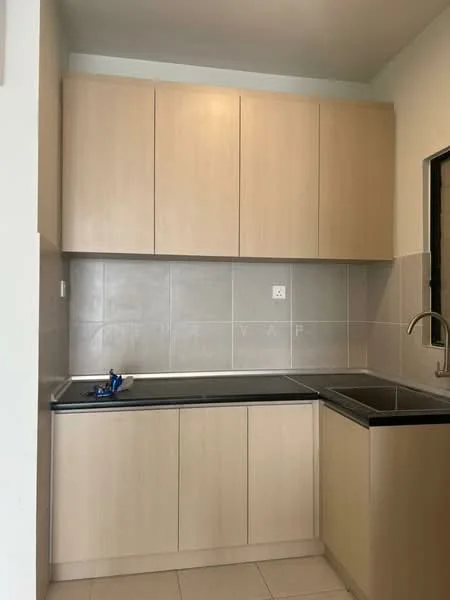 Kitchen features: light wood cabinetry, black granite countertop, stainless-steel sink, chrome faucet, grey tile backsplash, white walls, ceramic tile flooring, under-cabinet lighting; style: modern.