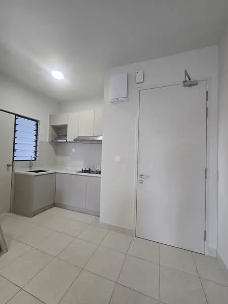 Kitchen features: light grey cabinetry, stainless-steel sink, chrome pull-down faucet, built-in gas stove, exhaust hood, white tiled backsplash, white walls, tile flooring, window with horizontal slats, recessed ceiling lights; style: modern.