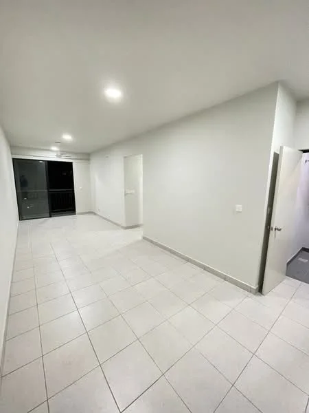 Room features: white painted walls, tile flooring, recessed downlights, sliding glass door, balcony access, neutral color scheme, open layout, corner entry door; style: modern.