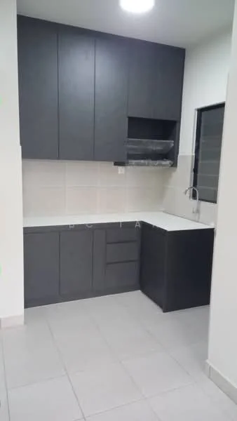 Kitchen features: grey cabinetry, white countertop, single-bowl stainless-steel sink, chrome pull-down faucet, tile backsplash, light grey tile flooring, recessed downlights, window for natural light; style: modern.