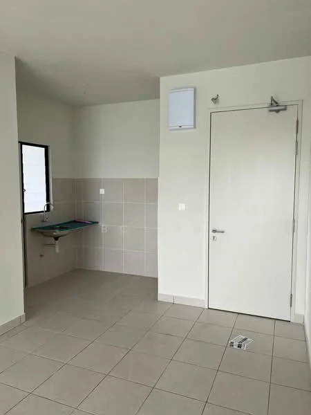 Room features: light-colored painted walls, grey tiled flooring, window with black frame, single door, wall-mounted speaker, countertop with sink, no visible cabinetry, minimal decor; style: modern.