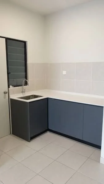 Kitchen features: L-shaped countertop, white solid surface countertop, single-bowl stainless-steel sink, chrome pull-down faucet, grey cabinetry, tile backsplash, light grey wall tiles, cream floor tiles, door leading to outside, window with grid pattern; style: modern.