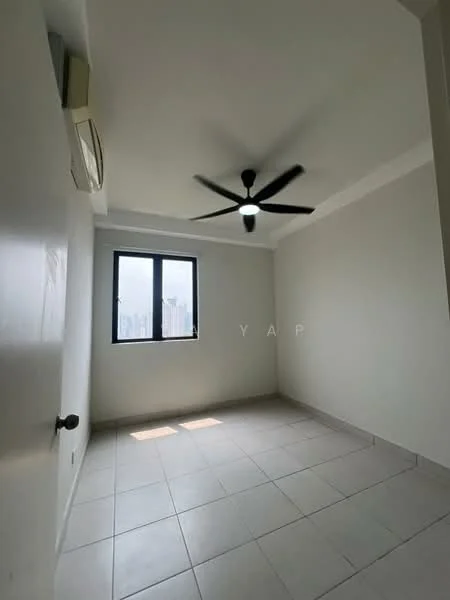 Room features: white painted walls, ceiling fan, floor-to-ceiling window, tile flooring, air conditioning unit, natural light from window; view: city.