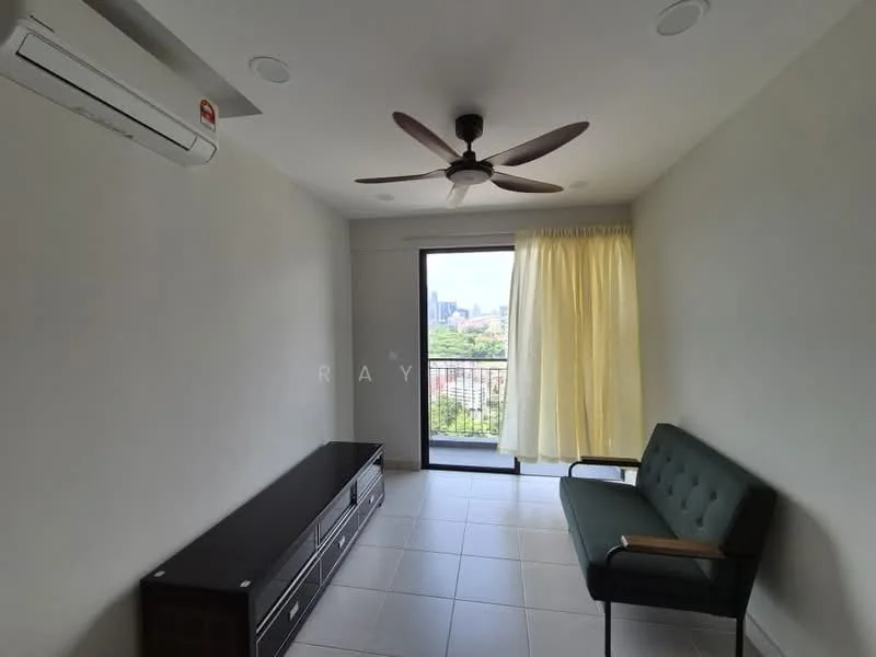Living features: wall-mounted split AC, 5-blade ceiling fan, large sliding glass door, floor-to-ceiling window, curtains, light-colored walls, tile flooring, green fabric sofa, dark wood TV console, natural light from window; style: modern; view: city.