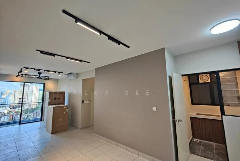 Room features: white painted walls, grey accent wall, tile flooring, recessed LED downlights, track lighting, floor-to-ceiling windows, sliding glass door, view of city skyline, air conditioning unit, open layout, door leading to bathroom, kitchen cabinetry visible; style: modern; view: city.