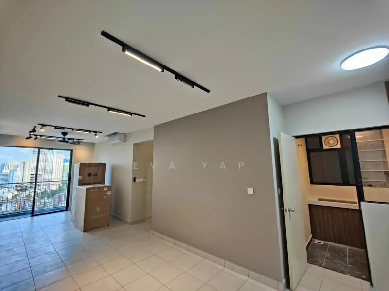 Room features: recessed LED downlights, sliding glass door, floor-to-ceiling windows, grey accent wall, light-colored tile flooring, air conditioning unit, open layout, kitchenette area, box storage, white walls, window with view, ceiling fan; style: modern; view: city.