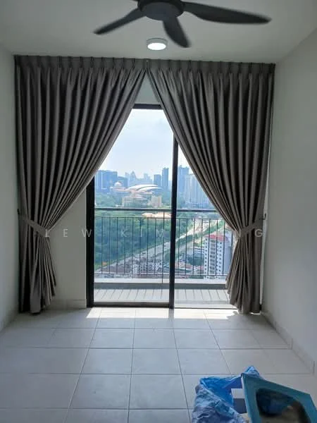 Room features: floor-to-ceiling sliding glass door, grey curtains, white walls, ceiling fan, tile flooring, city skyline view; style: modern; view: city.