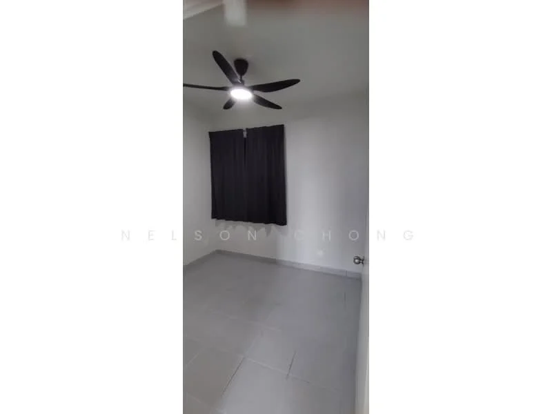 Room features: grey tiled flooring, white painted walls, ceiling fan with light, black curtains, window, light fixture.