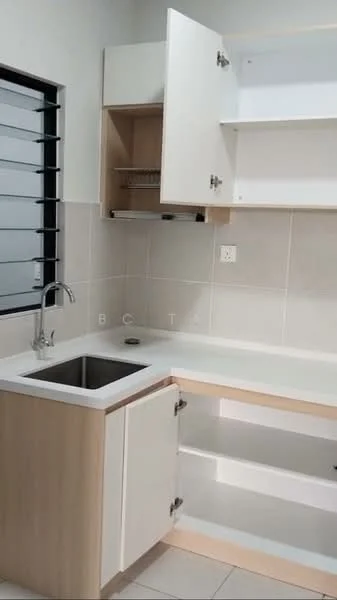 Kitchen features: single-bowl stainless-steel sink, chrome pull-down faucet, white cabinetry with wood accents, open shelving above sink, tile backsplash, light-colored countertop, grey tiled flooring, window with security bars; style: modern.