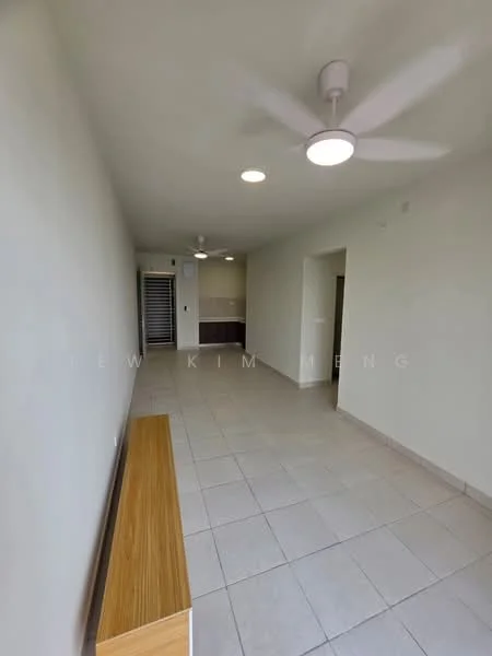 Room features: light beige tiled flooring, white painted walls, 5-blade ceiling fan with light, recessed downlights, wooden bench, doorway leading to another room, window with blinds, air conditioning unit on wall; style: modern.