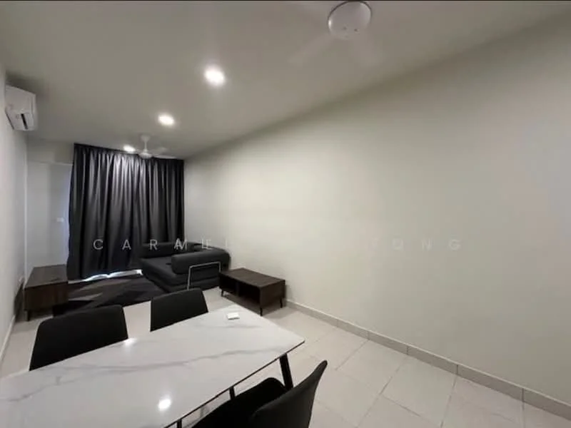 Living features: grey fabric sofa, 2 side tables, white walls, recessed downlights, 5-blade ceiling fan, floor-to-ceiling curtains, tile flooring, air conditioning unit; style: modern. Dining features: marble dining table, 4 black dining chairs, tile flooring; style: modern.