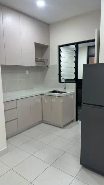 Kitchen features: light grey cabinetry, white countertop, single-bowl stainless-steel sink, chrome pull-down faucet, built-in oven, freestanding fridge in dark grey, ceramic tile flooring, white tiled backsplash, open shelving, wall-mounted kitchen rack, window with louvered shutters, recessed downlights; style: modern.