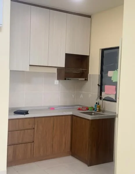 Kitchen features: light wood cabinetry, dark wood lower cabinets, grey laminate countertop, stainless-steel sink, chrome pull-down faucet, built-in range hood, ceramic tile backsplash, wall-mounted cabinet, white tiled walls, light-colored flooring; style: modern.