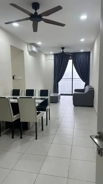 Living features: 3-blade ceiling fan, recessed LED downlights, grey fabric sofa, dining table with 6 chairs, floor-to-ceiling windows, curtains in dark grey, white painted walls, tile flooring; style: modern; view: city.