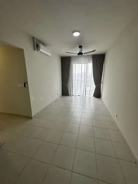 Living features: white painted walls, tile flooring, 5-blade ceiling fan with light, floor-to-ceiling windows, sheer curtains, wall-mounted split AC, neutral color scheme, natural light from window; style: modern; view: city.