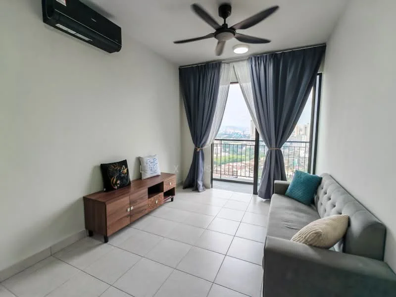 Living features: grey fabric sofa, wooden TV console, floor-to-ceiling windows, sheer curtains, blackout curtains, 5-blade ceiling fan, wall-mounted split AC, tile flooring, decorative cushions, city view; style: modern; view: city.