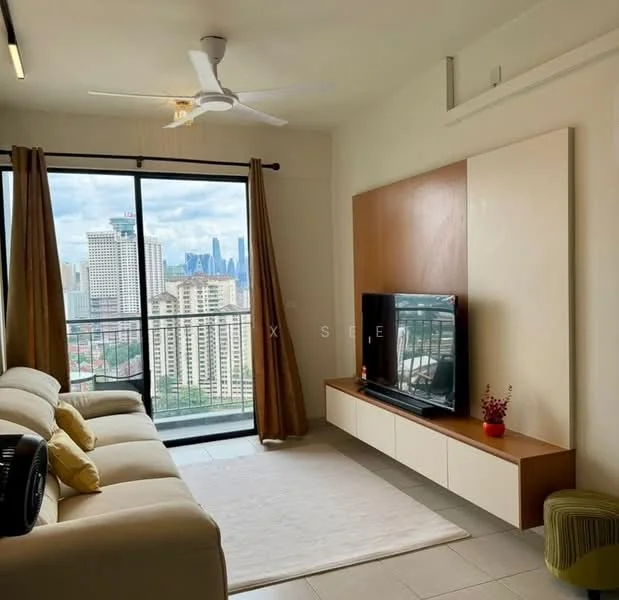 Living features: 3-seater fabric sofa in beige, floor-to-ceiling windows, curtains in brown, wall-mounted TV, TV console in wood, light-colored area rug, ceiling fan, decorative plant on console, neutral painted walls, tile flooring; style: modern; view: city.