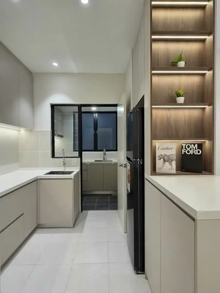 Kitchen features: white quartz countertop, light grey cabinetry, stainless-steel single-bowl sink, chrome pull-down faucet, built-in refrigerator, black refrigerator, black wall-mounted oven, tile backsplash, recessed downlights, open shelving with decorative plants, dark grey floor tiles, window with black frame, under-cabinet lighting; style: modern.