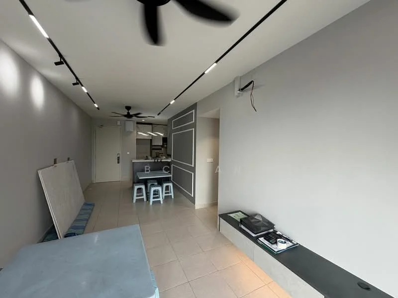 Room features: grey painted walls, recessed LED downlights, 5-blade ceiling fan, tile flooring, open layout, built-in wall shelf, kitchen area visible, dining table with stools; style: modern.