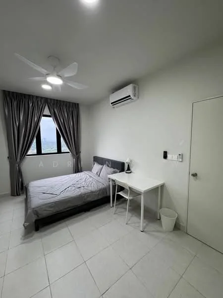 Bedroom features: queen-size bed with grey bedding, white walls, grey curtains, floor-to-ceiling window, 5-blade ceiling fan, wall-mounted split AC, white desk, black desk lamp, white waste bin, tile flooring; style: modern; view: city.