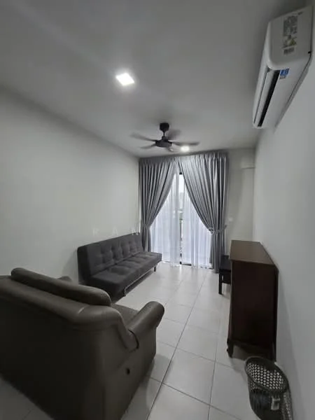 Living features: grey fabric 3-seater sofa, 2-seater leather sofa, white painted walls, tile flooring, ceiling fan, recessed LED downlights, floor-to-ceiling windows, sheer curtains, wooden sideboard, decorative basket; style: modern.