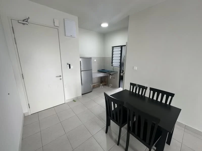 Dining features: black dining table with four chairs, grey tiled flooring, white painted walls, recessed ceiling light, wall-mounted air conditioning unit, door leading to another room, fridge, kitchen countertop with sink, window with security grill; style: modern.
