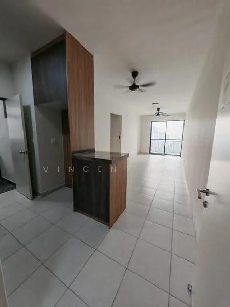 Room features: white painted walls, light grey tiled flooring, ceiling fan, open layout, wooden cabinetry, sliding glass door, floor-to-ceiling windows, balcony access; style: modern; view: city.