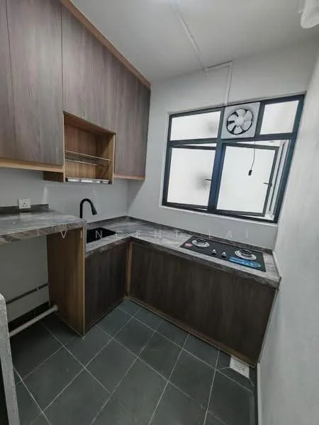 Kitchen features: wood cabinetry in dark brown, grey marble countertop, single-bowl stainless-steel sink, chrome pull-down faucet, 2-burner gas hob, black glass cooktop, wall-mounted fan, grey ceramic tile flooring, window with black frame, open shelving above countertop; style: modern.