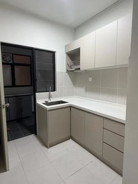 Kitchen features: single-bowl stainless-steel sink, chrome pull-down faucet, white laminate countertop, light beige cabinetry, upper cabinets with no handles, lower cabinets with 3 drawers and 2 doors, tile backsplash, ceramic tile flooring, recessed downlights, window with black frame, open layout to adjacent room; style: modern.