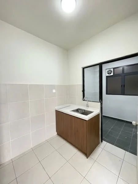 Kitchen features: single-bowl stainless-steel sink, chrome pull-down faucet, laminate countertop, wood cabinetry, white painted walls, cream tiled backsplash, ceramic tile flooring, recessed ceiling light; style: modern. Room features: black framed window, grey ceramic tile flooring.
