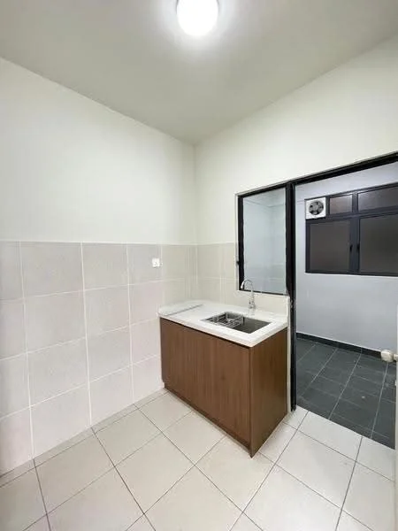 Kitchen features: white painted walls, light grey tiled backsplash, cream tiled flooring, wood cabinetry, single-bowl stainless-steel sink, chrome pull-down faucet, window with black frame, recessed ceiling light; style: modern.