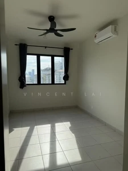 Bedroom features: white painted walls, tile flooring, 5-blade ceiling fan, floor-to-ceiling window, blackout curtains, wall-mounted split AC, natural light from window, city view; style: modern; view: city.