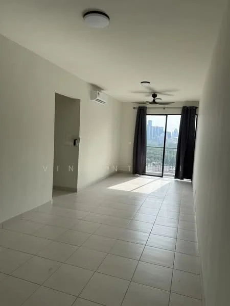 Living features: white painted walls, tile flooring, 5-blade ceiling fan with light, wall-mounted split AC, floor-to-ceiling windows, blackout curtains, natural light from windows, city skyline view; style: modern; view: city.