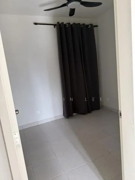 Room features: white painted walls, grey floor tiles, 5-blade ceiling fan, black curtain, window with curtain rod.