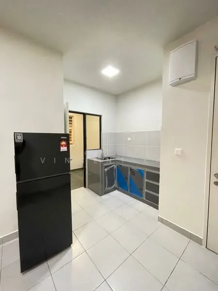 Kitchen features: black fridge, stainless-steel sink, grey cabinetry, white tiled backsplash, grey tile flooring, recessed ceiling lights, wall-mounted AC unit, countertop with storage cabinets; style: modern.